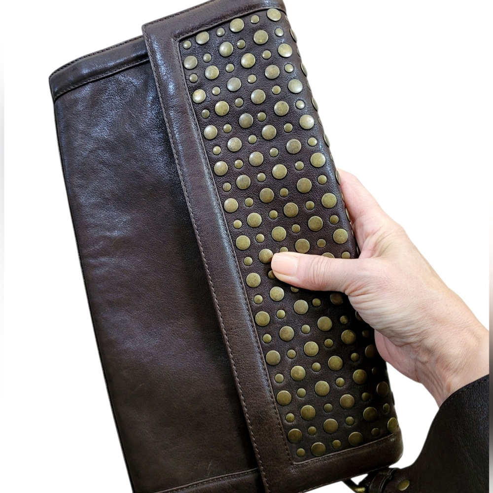 STUART WEITZMAN Oversized Large Studded Brown Leather Clutch Wristlet Handbag